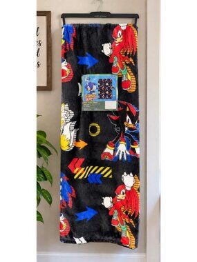 Sonic The Hedgehog Throw Blanket Tails Knuckles Shadow Black 40x50 New 35th Anv